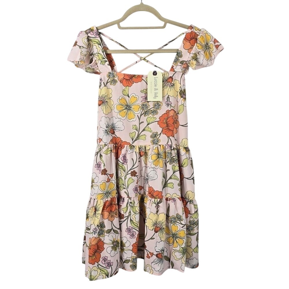 Lottie & Holly Floral Tiered Mini Dress Blush Rust Pink Square Neck Small NWT